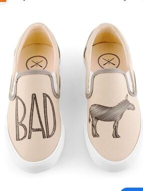 inkkas Beige Canvas Slip-On Loafers with 'BAD' ‘A**’ Graphic 8.5